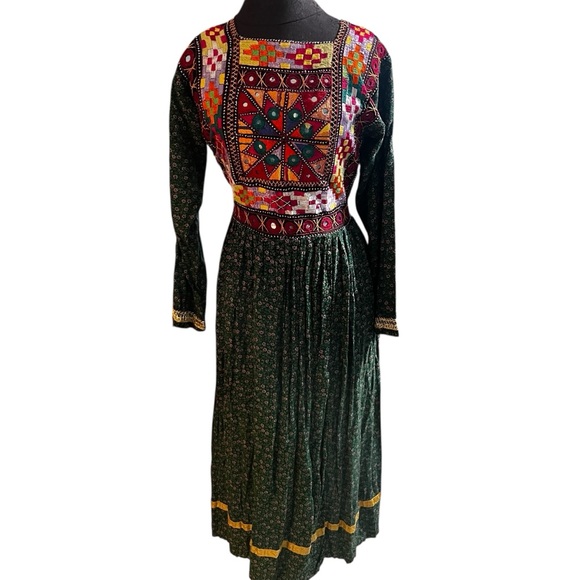Vintage Dresses & Skirts - Vintage 1970s Embroidered Mirrored Kuchi Afghan Maxi Dress S/M Exquisite